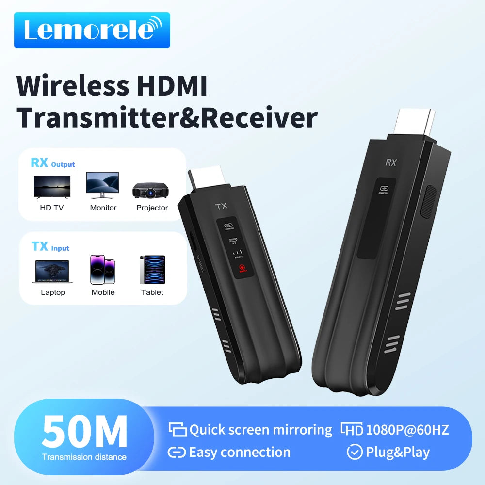 Lemorele Wireless HDMI Transceiver 1080P Display Dongle Extender Kit 50m Transmitter Receiver for Laptop TV Projector Monitor
