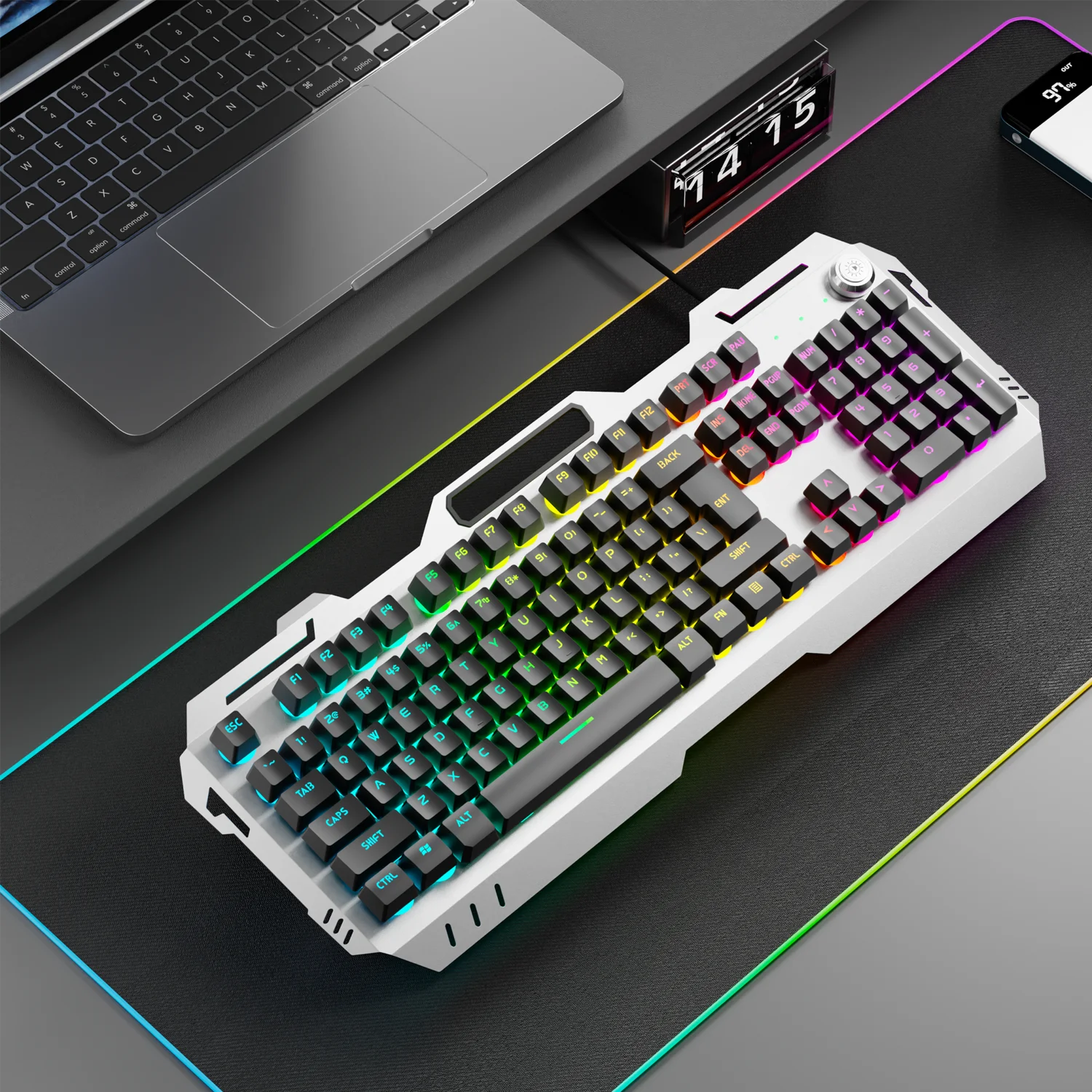 EWEADN Silent Gaming Keyboard, 104 Keys LED Backlit, All-Metal Panel USB Wired, Multimedia Knob, Office, Home, Laptop/Desktop