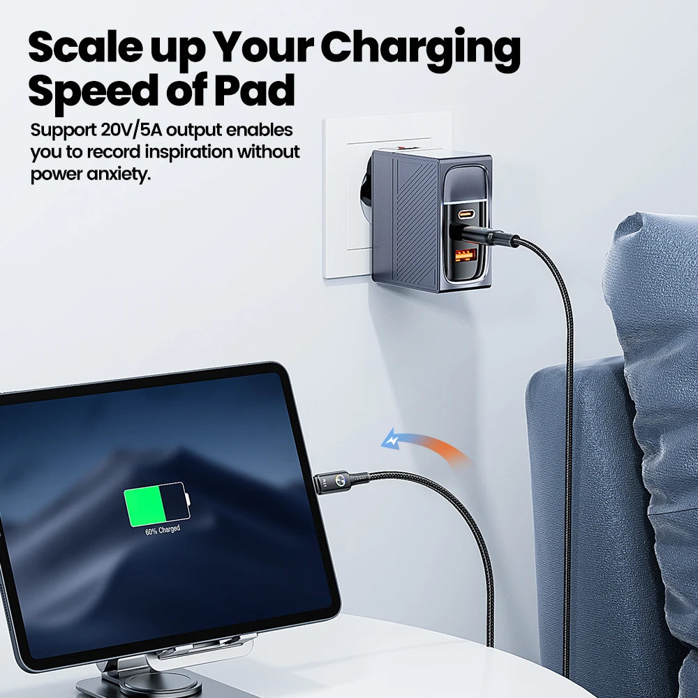 Toocki PD 100W USB C To USB C Cable LED Colorful Indicator Type C Fast Charge Cable For Laptop Huawei Mate70 Samsung S24 Xiaomi