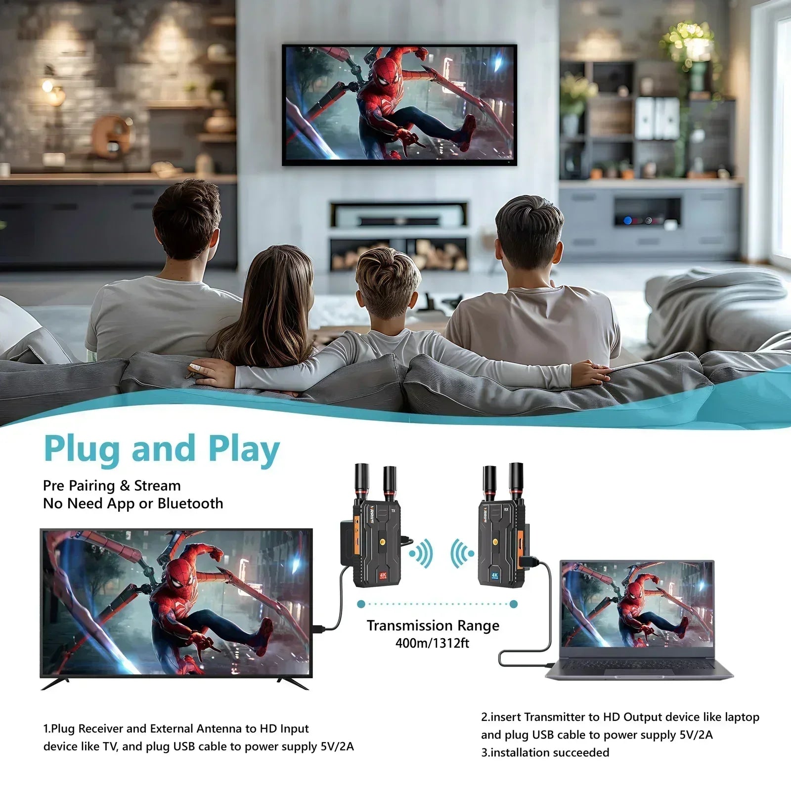 5G 4K Wireless HDMI Video Transmitter and Receiver Extender Kit 400m Los Range for DSLR Camera Laptop PC To TV Projector Monitor