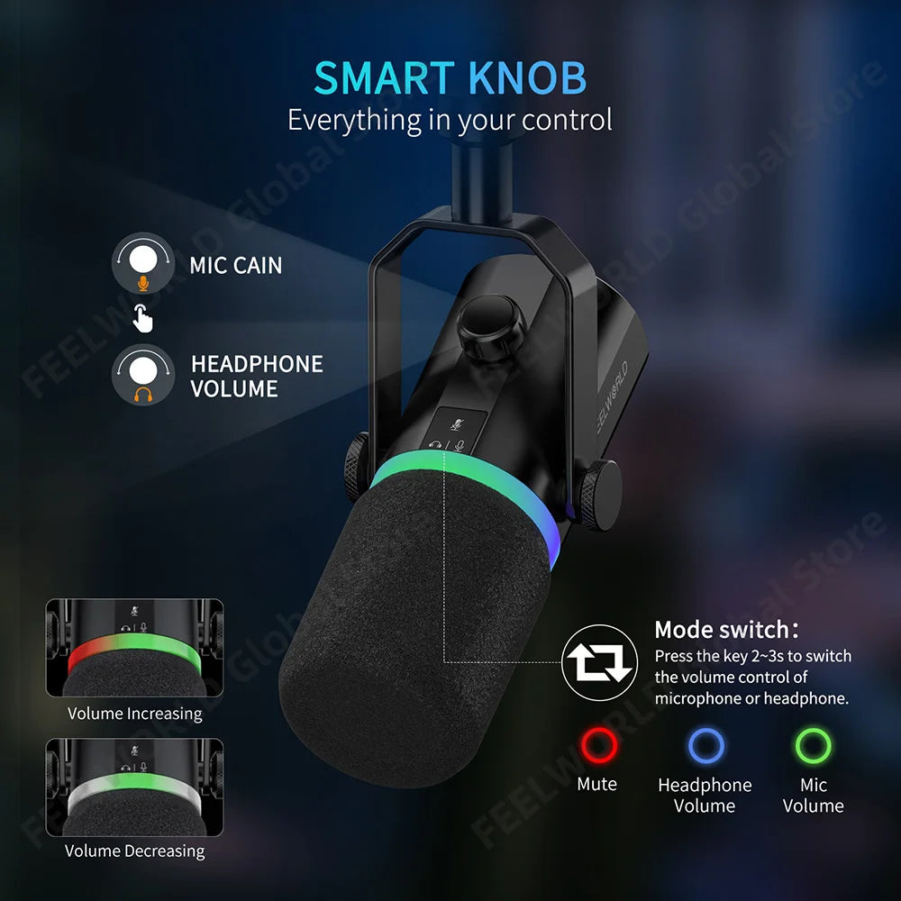 FEELWORLD PM1-XS XLR USB Dynamic Microphone with Base for Podcasting Recording Computer Gaming Live Streaming Vocal Voice-Over